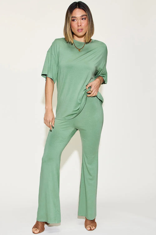 Bamboo t shirt and flare pants set in beige on hanger