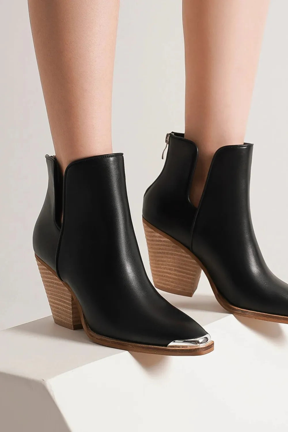 Beast Fashion metal tip toe block heel ankle boots in black