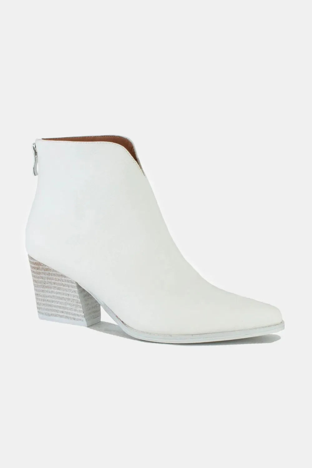 Close-up of pointed toe and zipper pull on boots