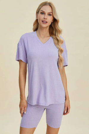 Ribbed V neck top and shorts set on hanger