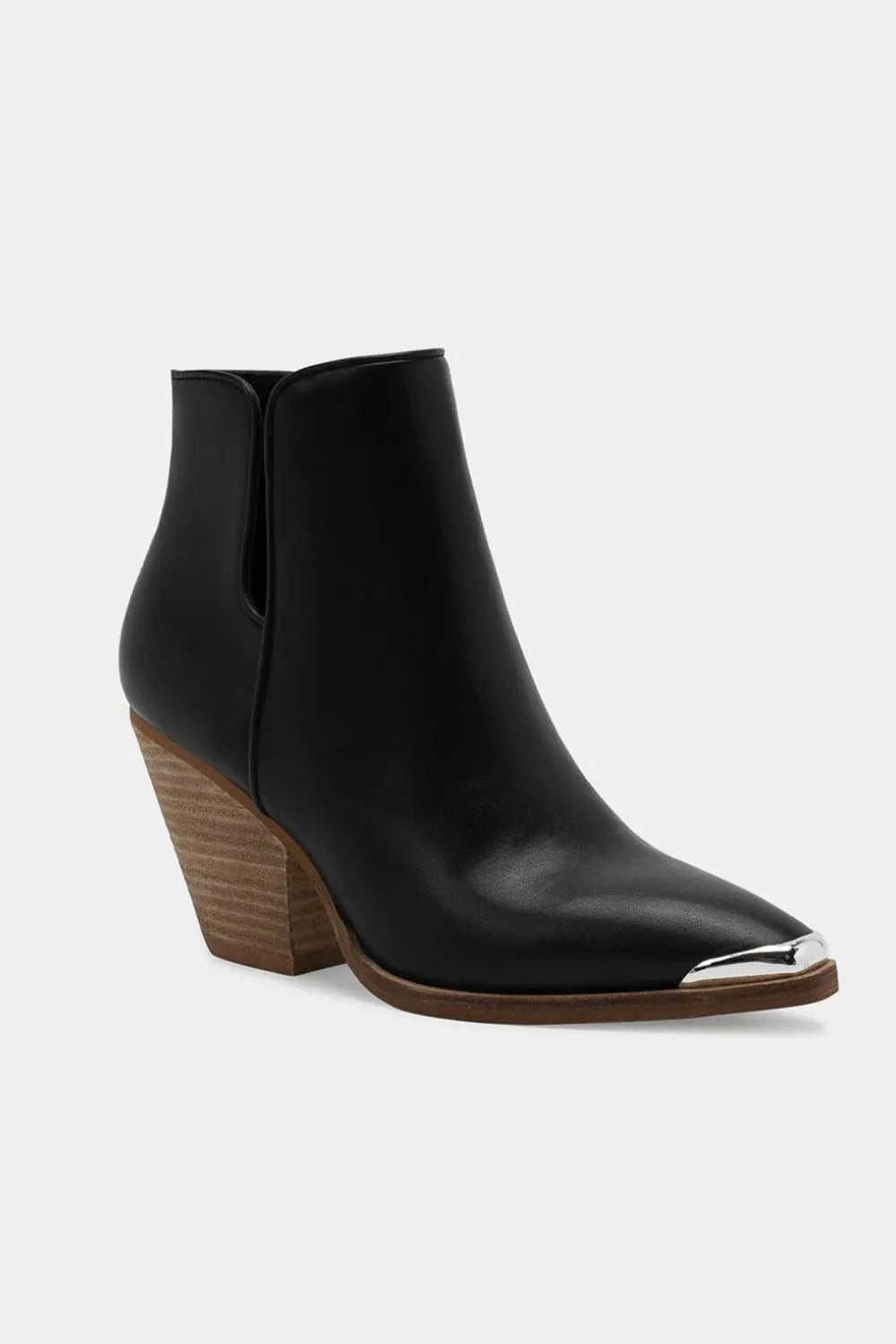 Side view showing metal cap toe and block heel on faux leather boots