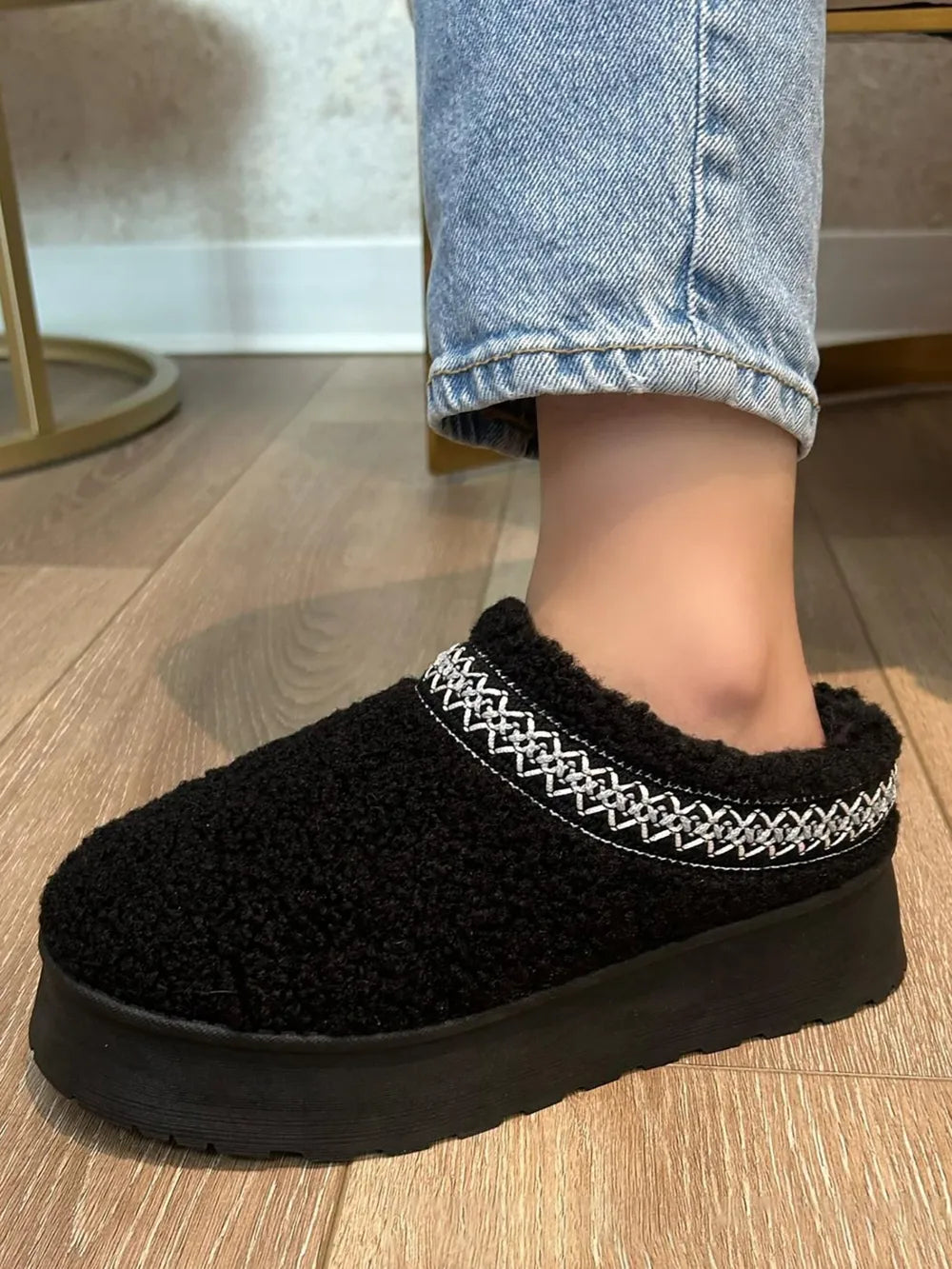 Wild Diva embroidered sherpa platform boots in black with faux fur lining
